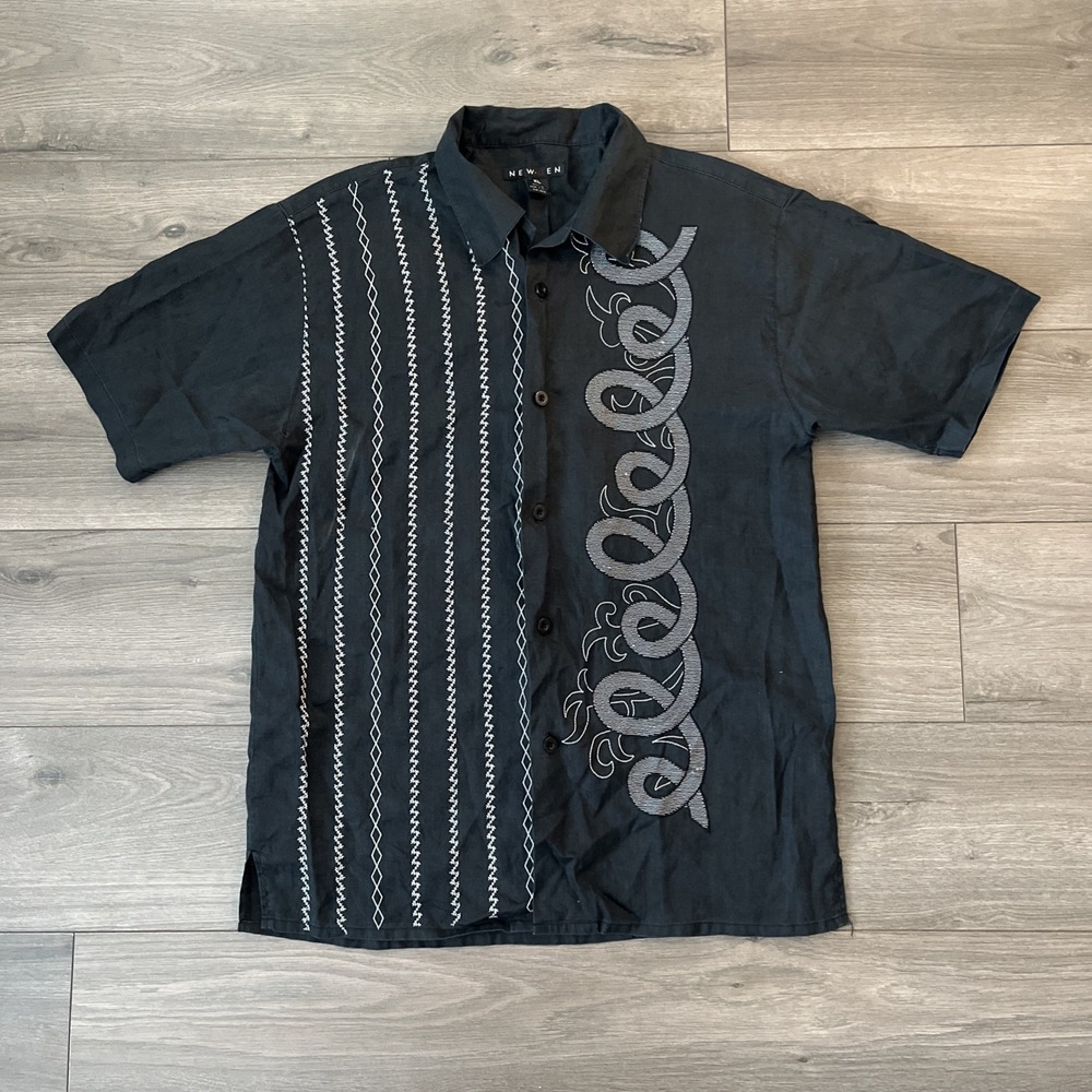 New Gen 100% Linen Button Up Shirt Short Sleeve Black Embroidered XL